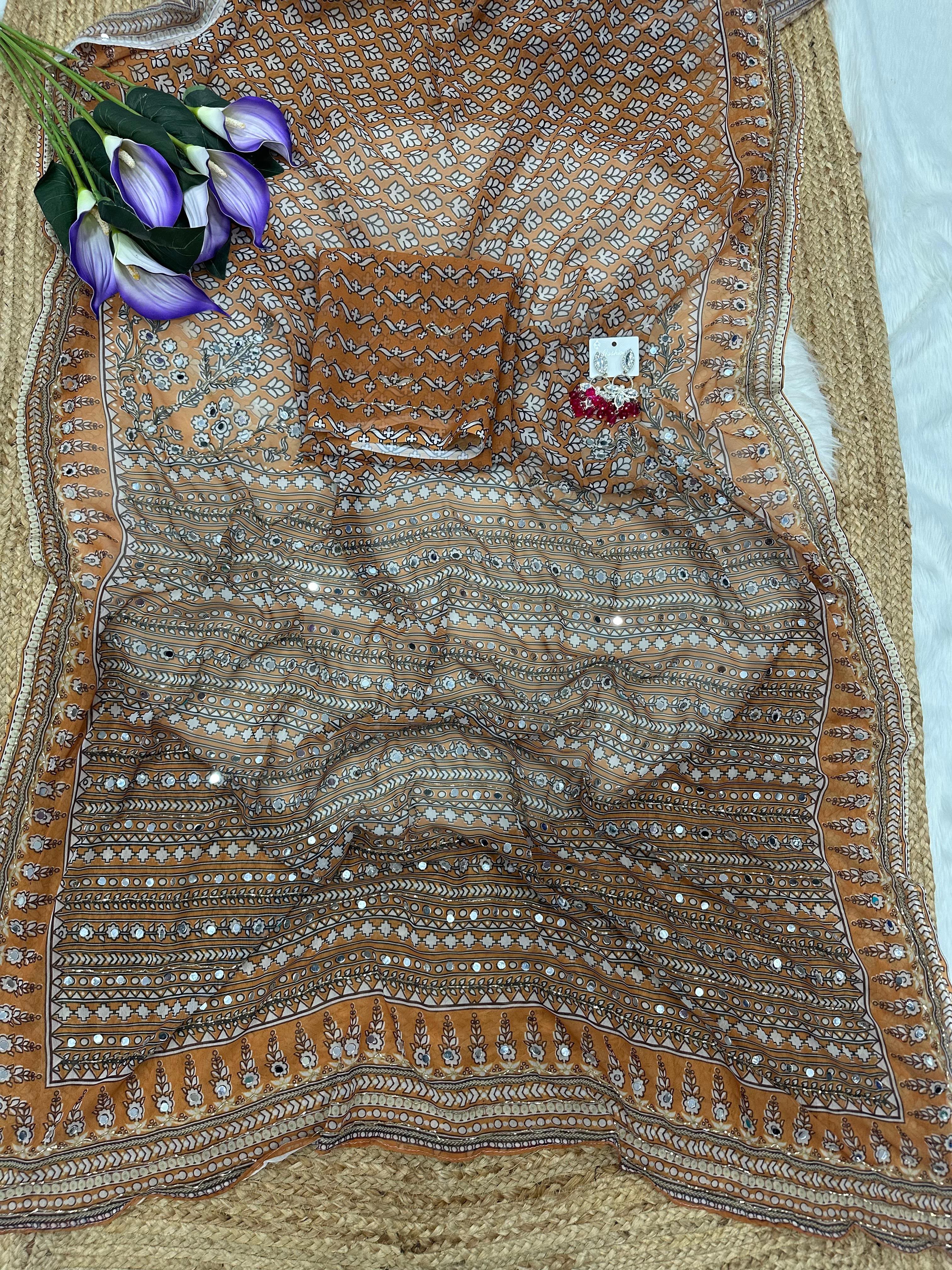 Soft Georgette Digital Printed Val Moti Handwork Saree